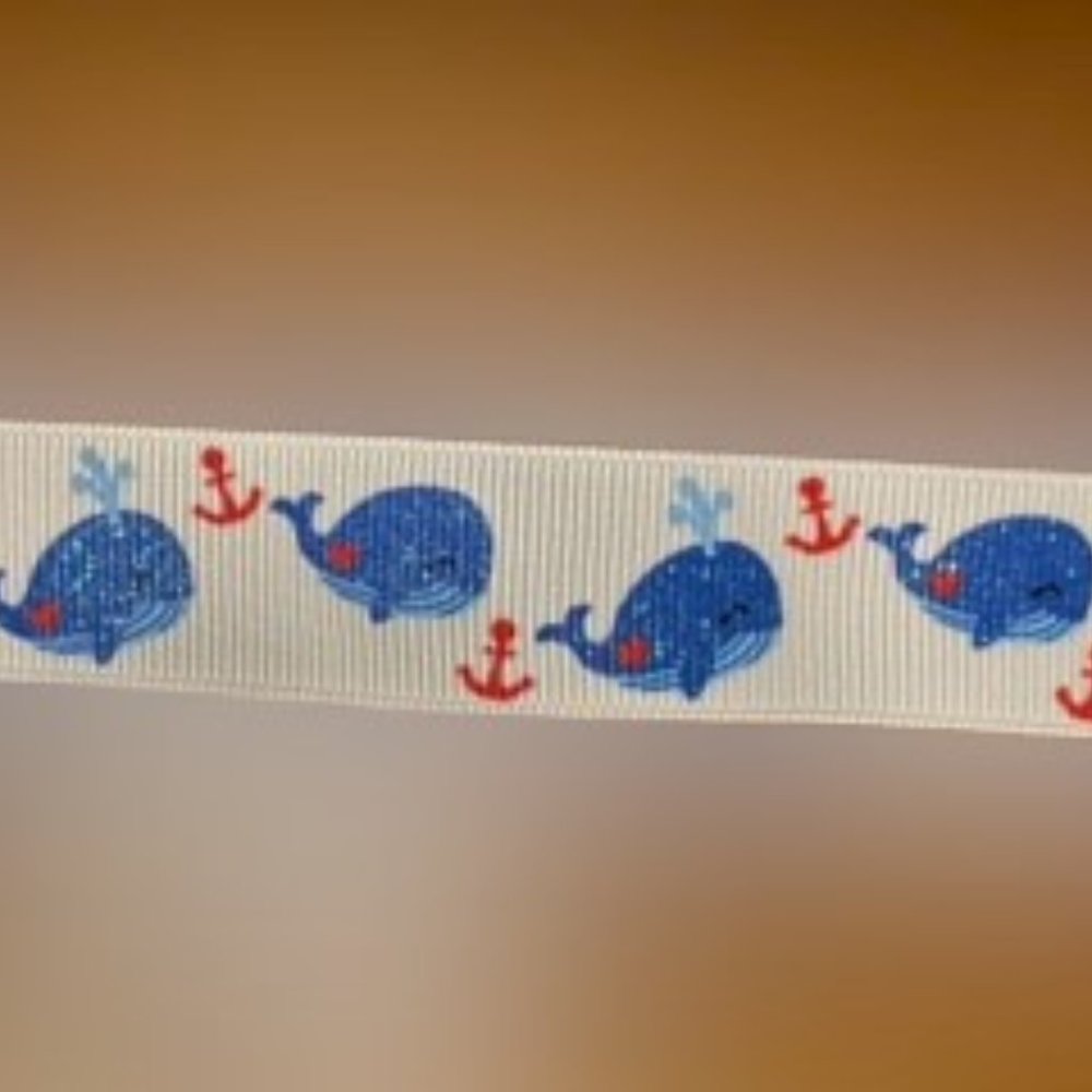 White Grosgrain Ribbon with Blue Whales and Red Anchors  ****ALL RIBBONS BUY 2 G